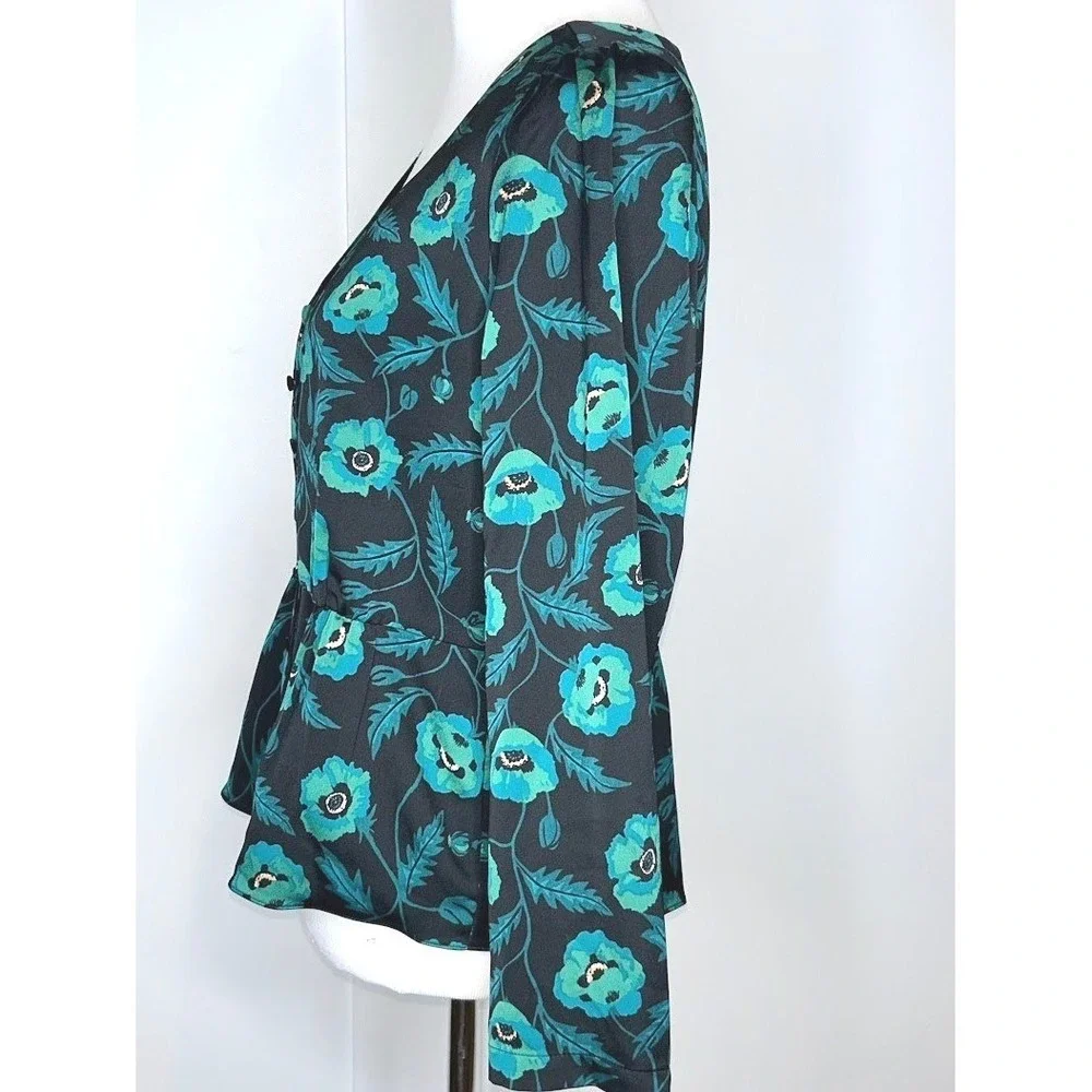 J. Crew Womens Teal Black Floral Poppy Satin Peplum V-Neck Button Blouse Size 10